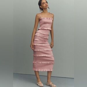 V. Chapman Lily Ruched & Ruffled Stretch Satin Midi Dress